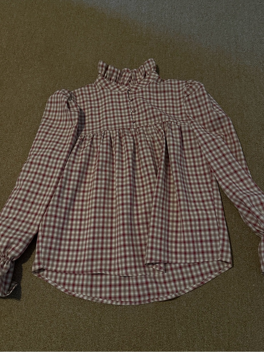 Women's Pink Plaid Ruffle-Yoke Long Sleeve Top NWOT